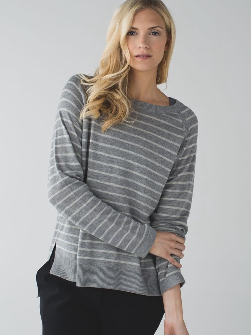 Lululemon Post Savasana Pullover
Heathered Grey striped crew neck sweater